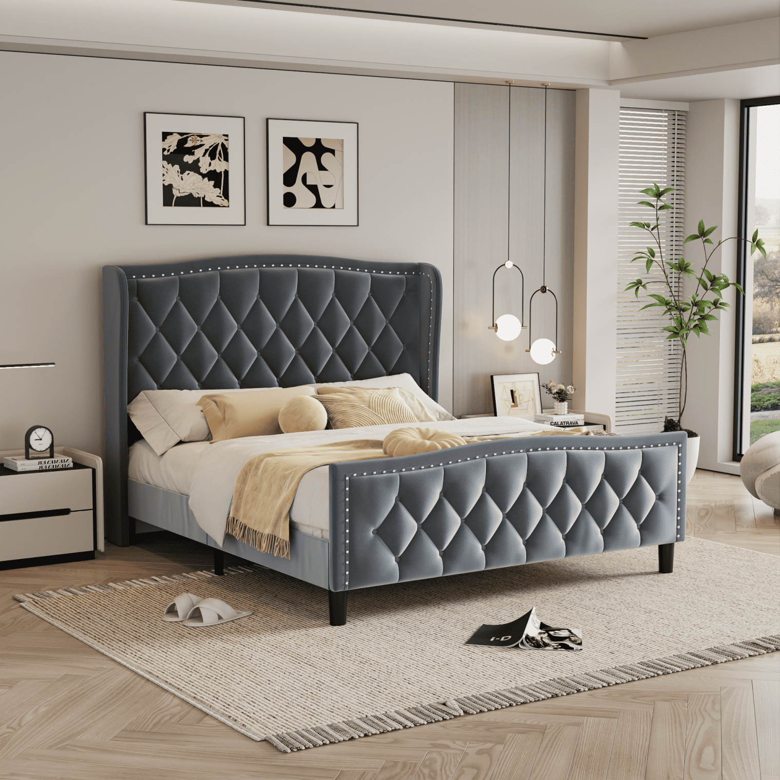 Full Size Platform Bed Frame with Vertical Channel Tufted Wingback ...