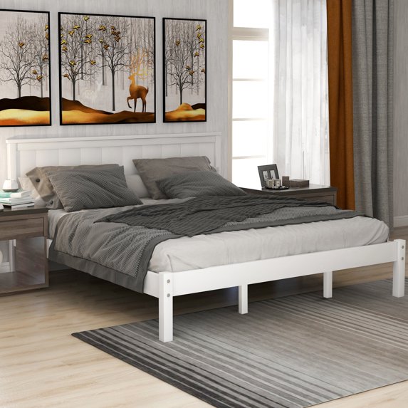 Full Size Platform Bed Frame with Wooden Headboard and Footboard, Slats Support, No Box Spring Needed, Non-Slip, Noise Free, Easy Assembly, White, Queen
