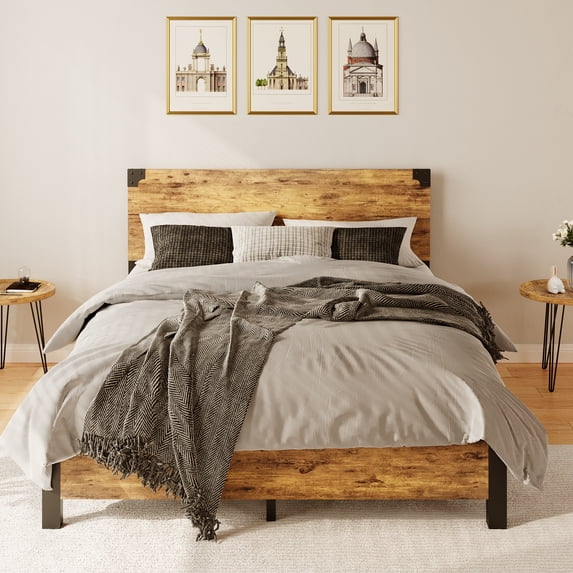 Full Size Platform Bed Frame with Wooden Headboard, Heavy Duty 700 lbs Steel Frame, Noise-Free Metal Legs, No Box Spring Needed, Easy Assembly, Rustic Brown Farmhouse
