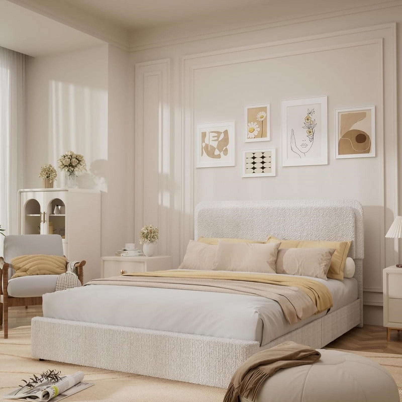 Full Size Platform Bed Frame with 2 Storage Drawers, Boucle Upholstered ...