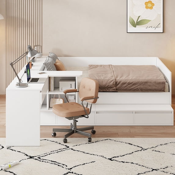 Full Size Platform Bed Frame with Charging Station and Dressing Table, Wooden L-Shaped Daybed with 6 Storage Drawers and Headboard, White