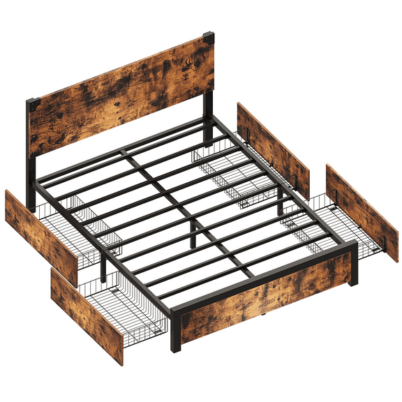 Full Size Platform Bed Frame with Headboard, 4 Storage Drawers, Noise-Free, Metal Support, No Box Spring Needed, Rustic Brown