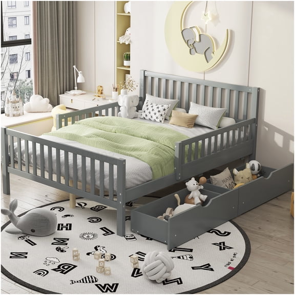 Full Size Platform Bed Frame with Storage Drawers, Gray Wood Bed with Headboard and Safety Rails, Space Saver Bedroom Furniture