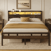 Full size Bed Frame with Storage Headboard, LED Lights and USB Charging Station, Metal Bed Frame, Rustic Brown