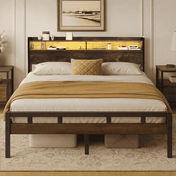 Full size Bed Frame with Storage Headboard, LED Lights and USB Charging Station, Metal Bed Frame, Rustic Brown