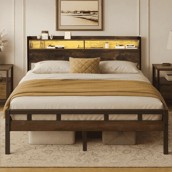 Full size Bed Frame with Storage Headboard, LED Lights and USB Charging Station, Metal Bed Frame, Rustic Brown