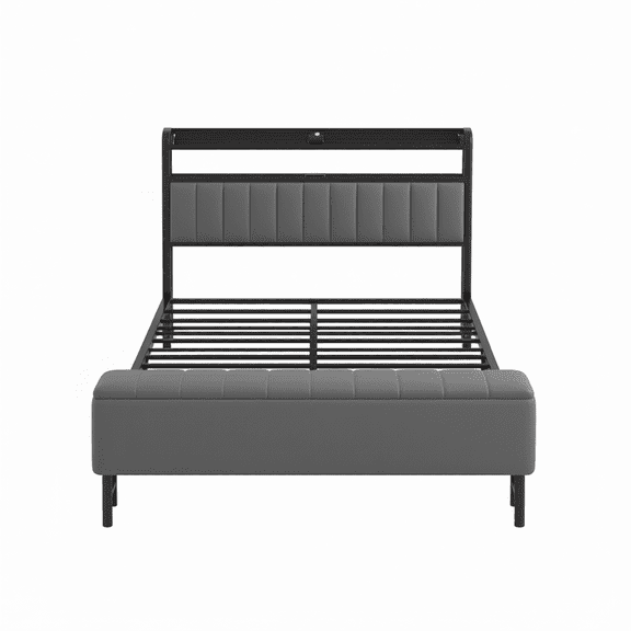 Full-Size Platform Bed Frame with Storage Headboard, Star Projector, Grey