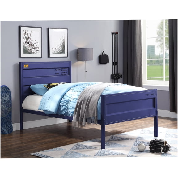 Full Size Platform Bed Frame with Storage, Industrial Cargo Style Metal Bed, No Box Spring Needed, Blue Finish