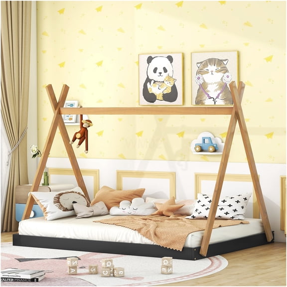 Full Size Platform Bed Frame with Storage Space, Low Profile House Tent Design, Wood Slat Foundation, Black and Brown Finish