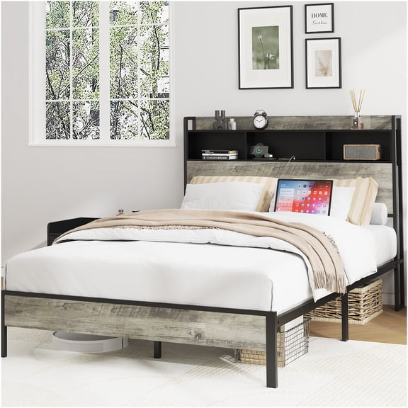 Full Size Platform Bed Frame with Storage and USB Charging, No Box Spring Needed, Easy Assembly, Antique Gray Finish