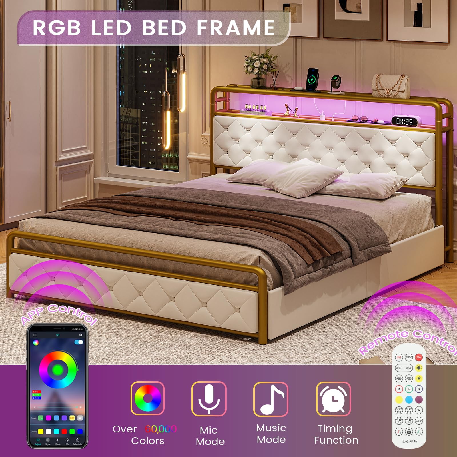Full Size Platform Bed Frame with USB Ports Charging Station,LED Bed