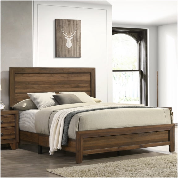 Full Size Platform Bed Frame with Upholstered Headboard, Low Profile Wood Bed with Slat Support, No Box Spring Needed, Modern Brown Cherry Finish