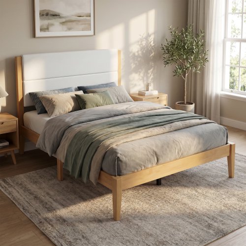 Full Size Platform Bed Frame with Upholstered Headboard Mid-Century Modern Wood Slat Support No Box Spring Needed Easy Assembly Natural