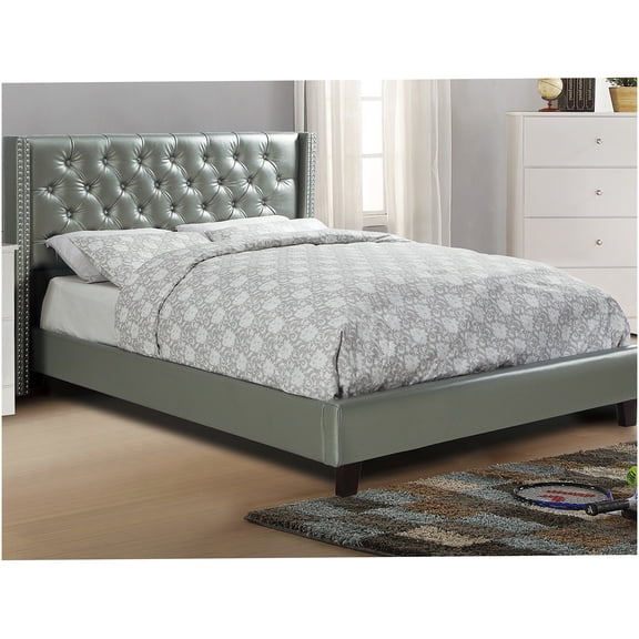 Full Size Platform Bed Frame with Upholstered Wingback Headboard, Silver Faux Leather Modern Bed, Wood Slat Support, No Box Spring Needed
