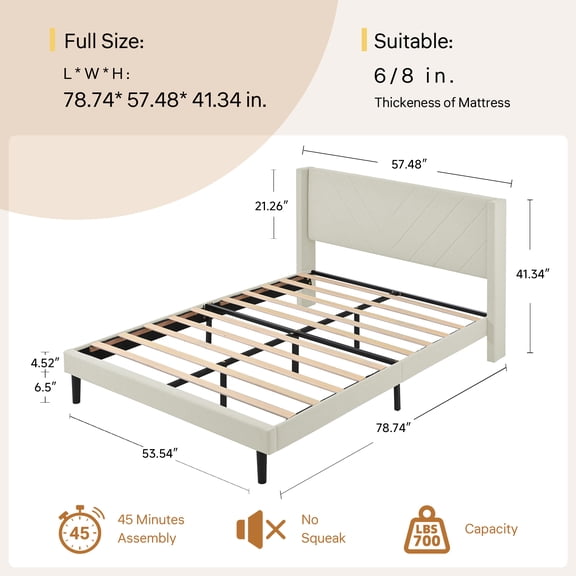 Full Size Platform Bed Frame with Wingback Upholstered Headboard, Sturdy Wooden Slats Support, Easy to Assembly, Beige