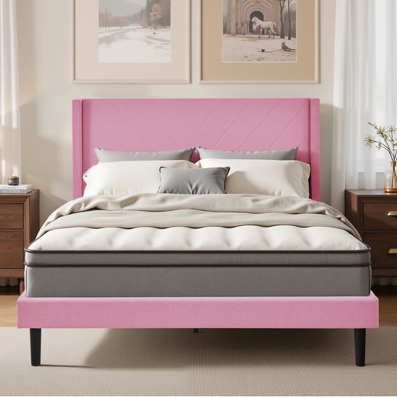 Full Size Platform Bed Frame with Wingback Upholstered Headboard, Sturdy Wooden Slats Support, Easy to Assembly, Pink