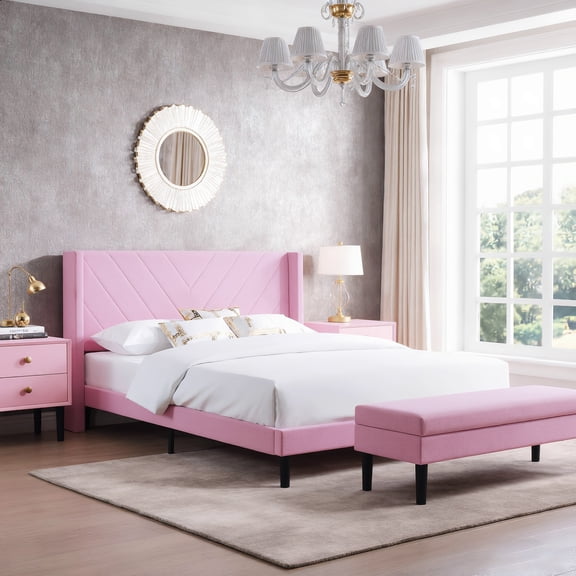 Full Size Platform Bed Frame with Wingback Upholstered Headboard, Sturdy Wooden Slats Support, Easy to Assembly, Pink