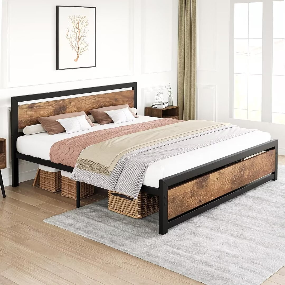 Full Size Platform Bed Frame with Wood Headboard, Heavy Duty Slat Support, 14 inch Mattress Foundation No Box Spring Needed, Brown