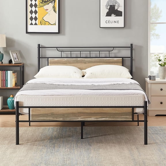 Full Size Platform Bed Frame with Wood Headboard/Mattress Foundation/Premium Steel Slats Support/No Box Spring Needed,Grey Slate(Crown)