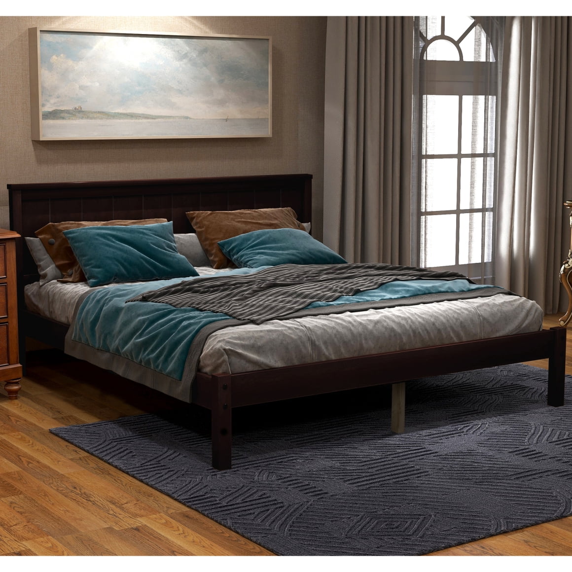 Full Size Platform Bed Frames with Pine Wood Headboard, Rustic Floor ...
