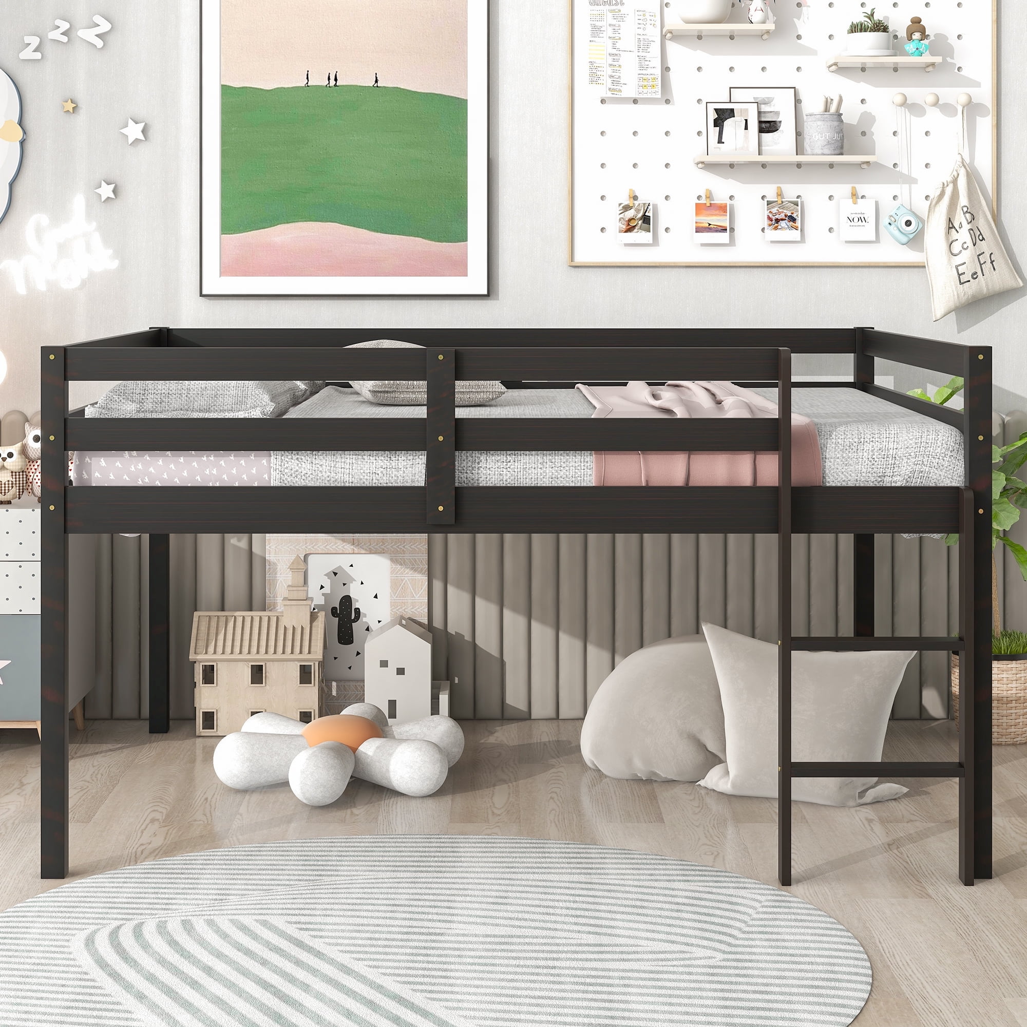 Full Size Loft Bed with Storage, Solid Wood Frame, Espresso Finish for