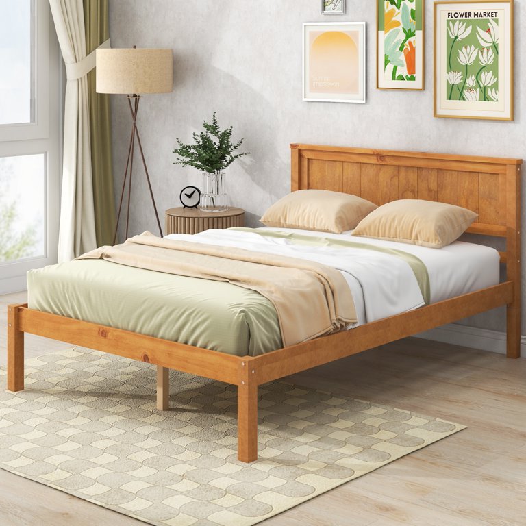 GOFLAME Full Size Platform Bed Frame - Mid-Century Modern With Headboard, Walnut Finish