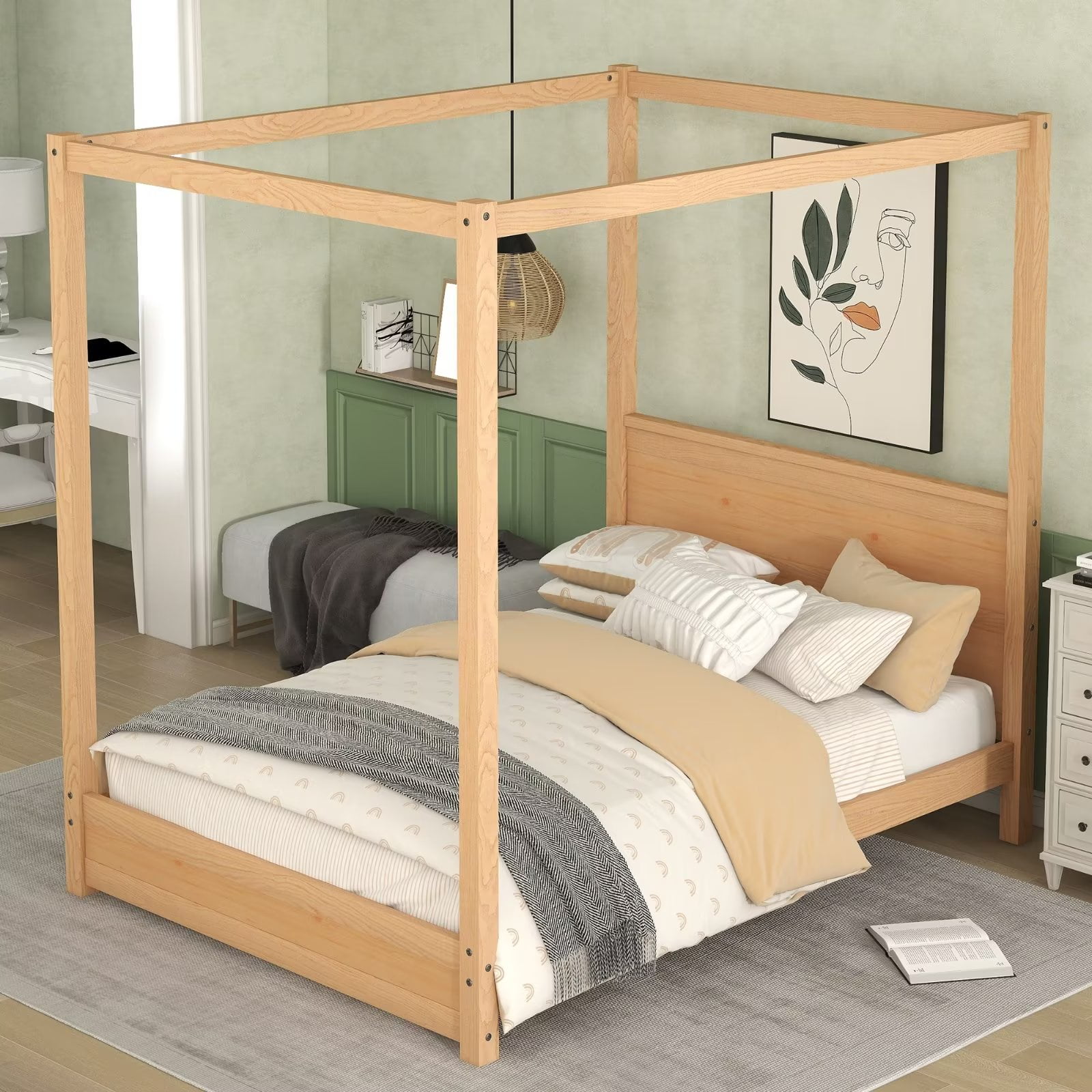 Full Size Platform Bed with Headboard, Wooden Canopy Bed Frame with