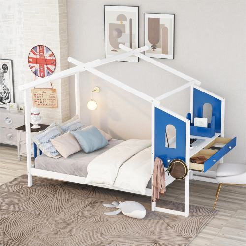 Full Size Platform Bed,House Shaped Platform Bed Frame with Builtin