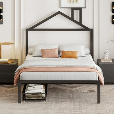 Full Size Platform Bed with House-Shaped Headboard Design and 2 Storage Drawers, Metal Bed Frame with 14 Slats for Adults and Children, No Box Spring Required, Black