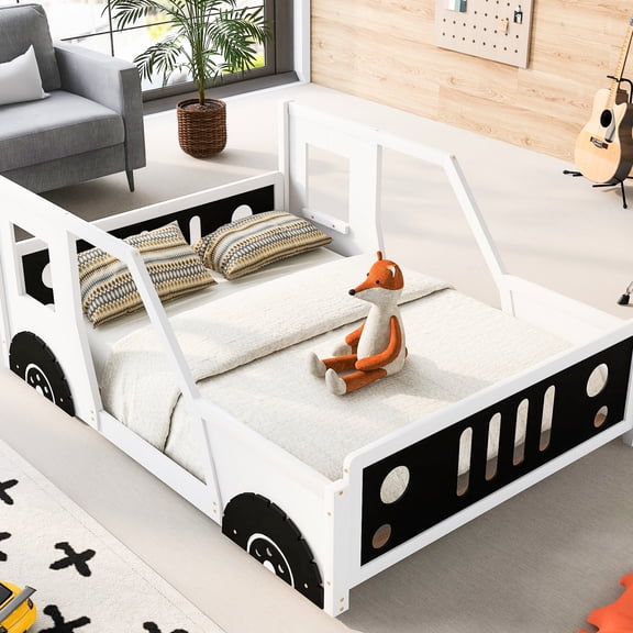 Classic Car Design Bed With Wheels In Full Size, White - Made Strong Pine Wood And Size Construction From