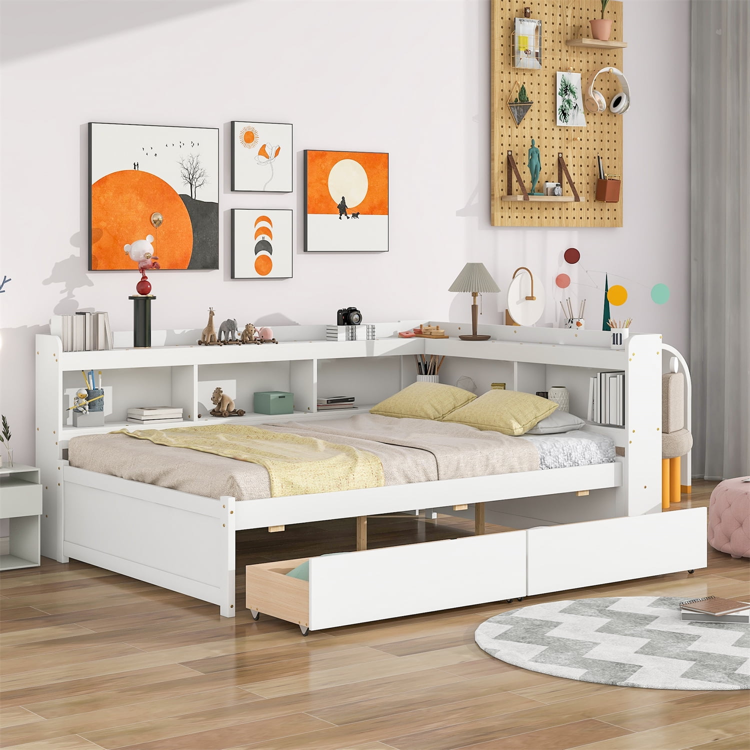 Full Size Platform Bed with L shaped Bookcases and Drawers Solid Wood Platform Bed Frame with Headboard and 10 Wood Slats Support Floor Bed for Kids