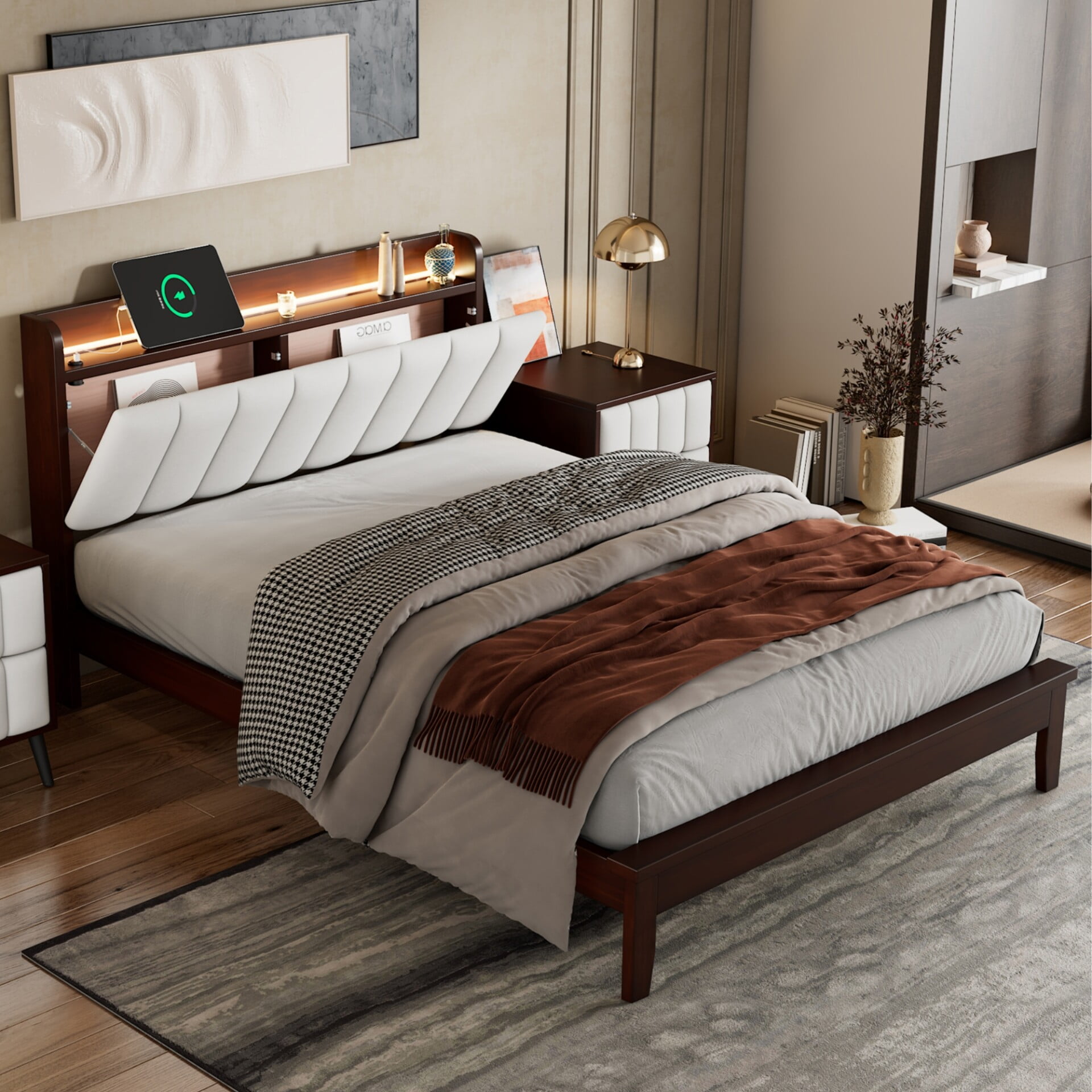 Full Size Platform Bed,LED Bed Frame with USB Charging Station and