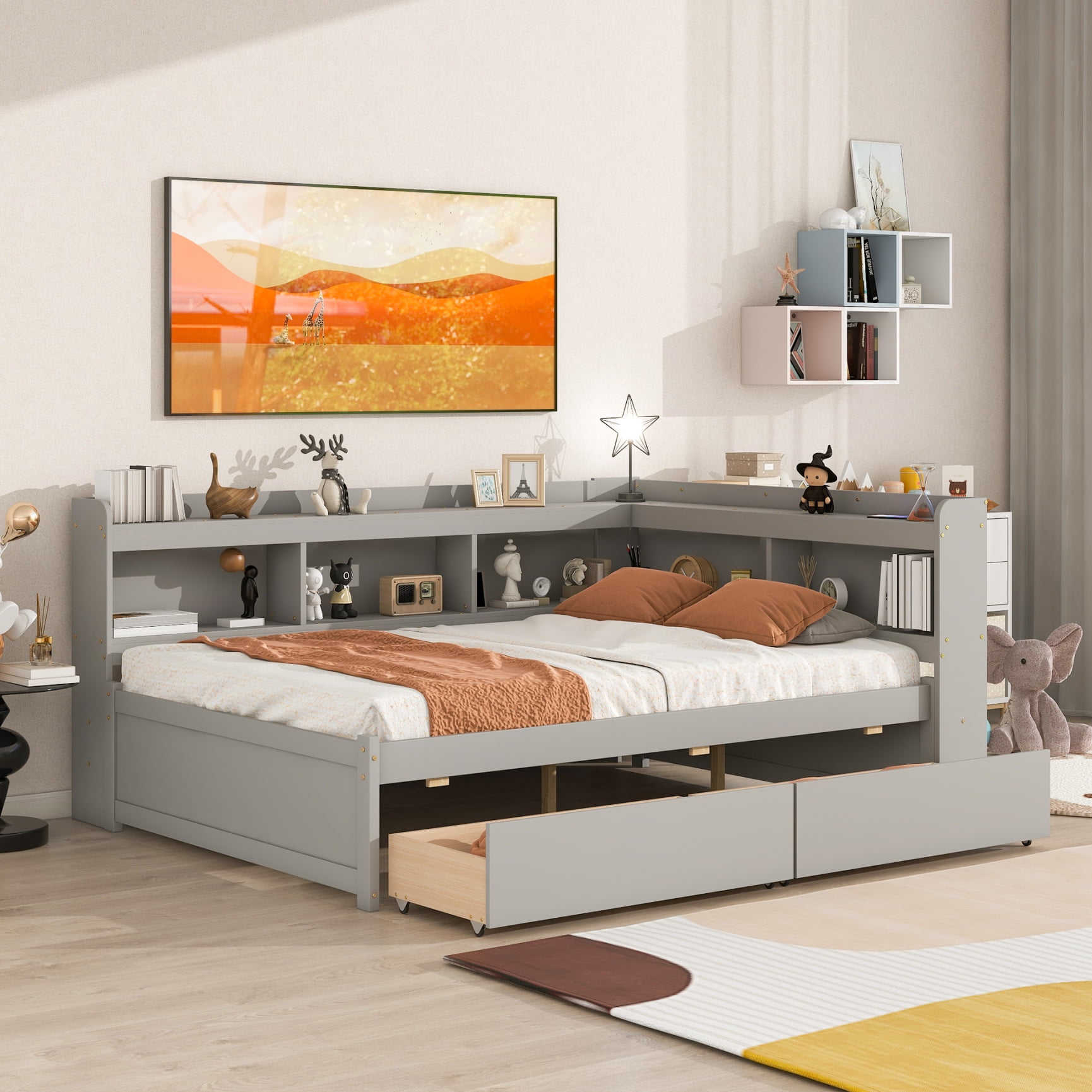 Full Size Platform Bed Modern Multi Function Wooden Bed Frame with L Shaped Bookcases and Drawers Solid Wood Low Platform Bed for Kids Teen Adults No Box Spring Needed Gray Walmart Business Supplies
