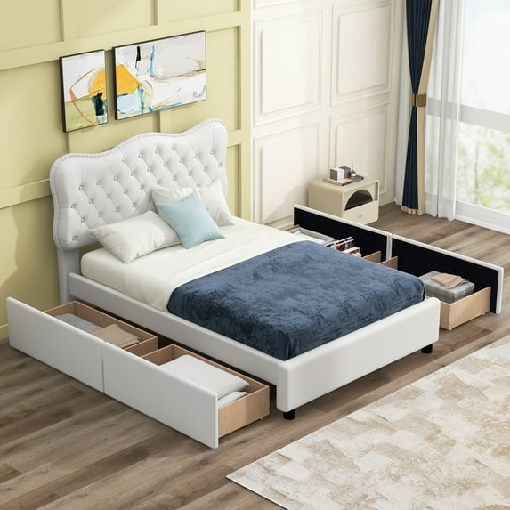 Full Size Platform Bed, Modern PU Leather Upholstered Storage Bed Frame with 4 Drawers and Button Tufted Headboard, Heavy Duty Floor Platform Bed with Wood Slat Support, White
