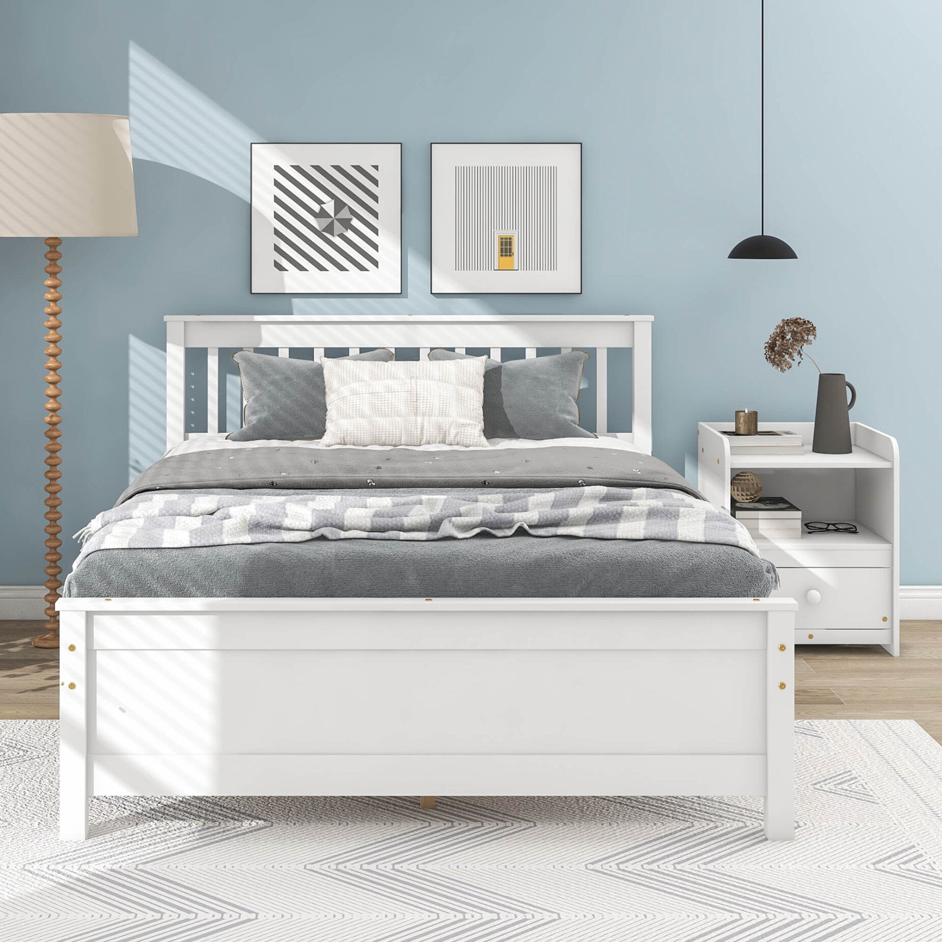 Full Size Platform Bed with a Nightstand, Modern Solid Wood Bed Frame with Headboard and Footboard, 2-Piece Bedroom Set for Child Teens Adults, No Spring Box Needed, White