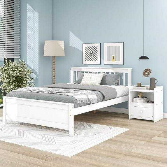 Full Size Platform Bed with a Nightstand, Solid Wood Platform Bed Frame with Headboard and Footboard for Kids Teens Adults, Strong Wooden Slats Support, No Box Spring Needed, White