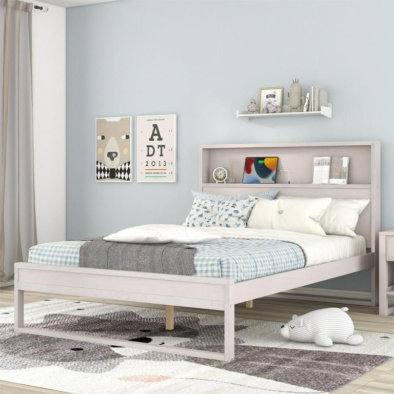 Full Size Platform Bed with Sockets and USB Ports Wooden Bed Frame with Storage Bookcase Headboard Metal Bed Frame for Home Living Room Bedroom