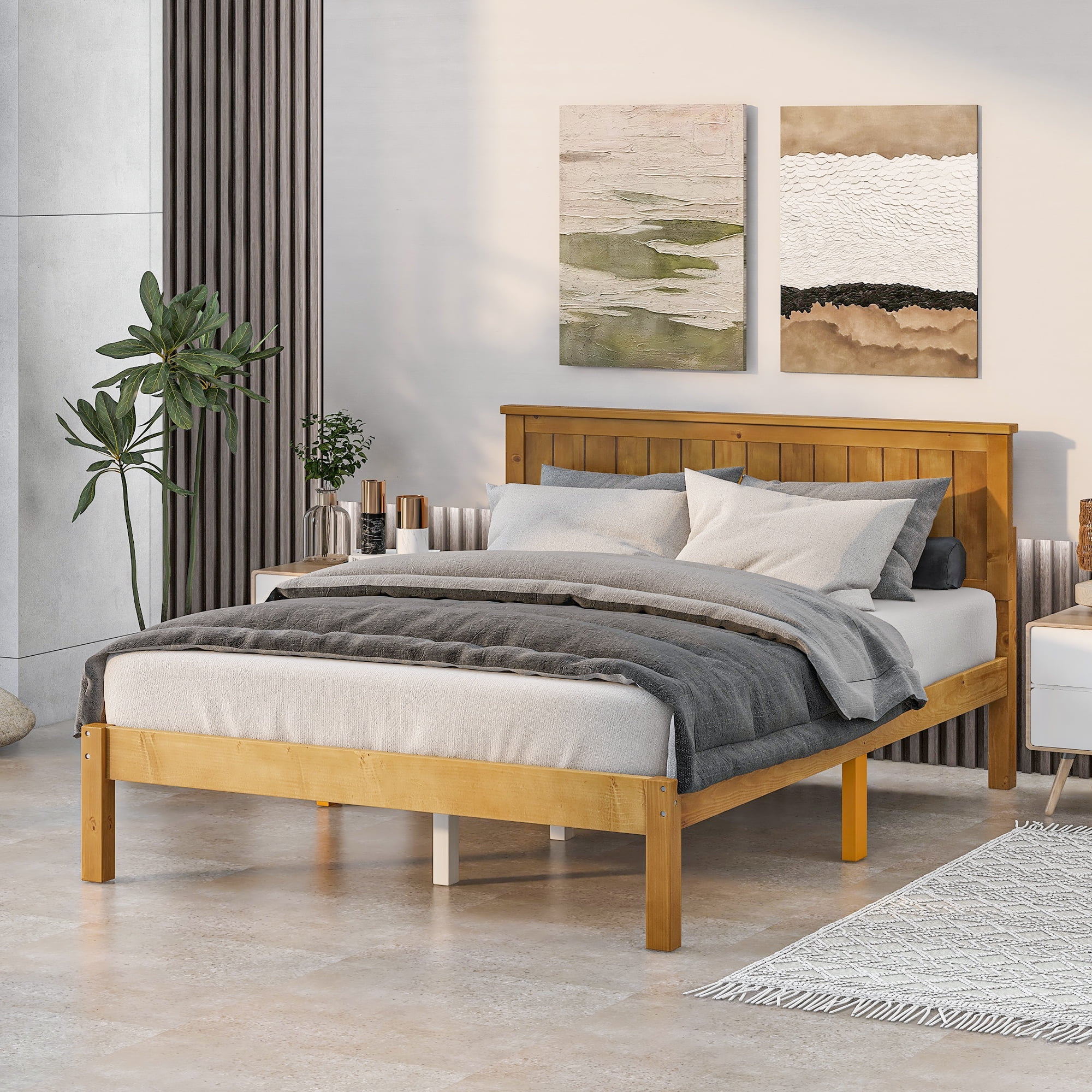 Full Size Platform Bed Solid Wood Platform Bed Frame with Headboard and Slats Support for Kids Boys Girls Adults Bedroom Light Brown 76.7 x 55.2 x