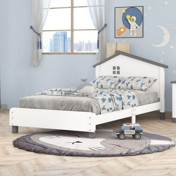 Full Size Platform Bed, Solid Wood Platform Bed with House-Shaped Headboard and Slats Support for Girls and Boys, White＋Gray