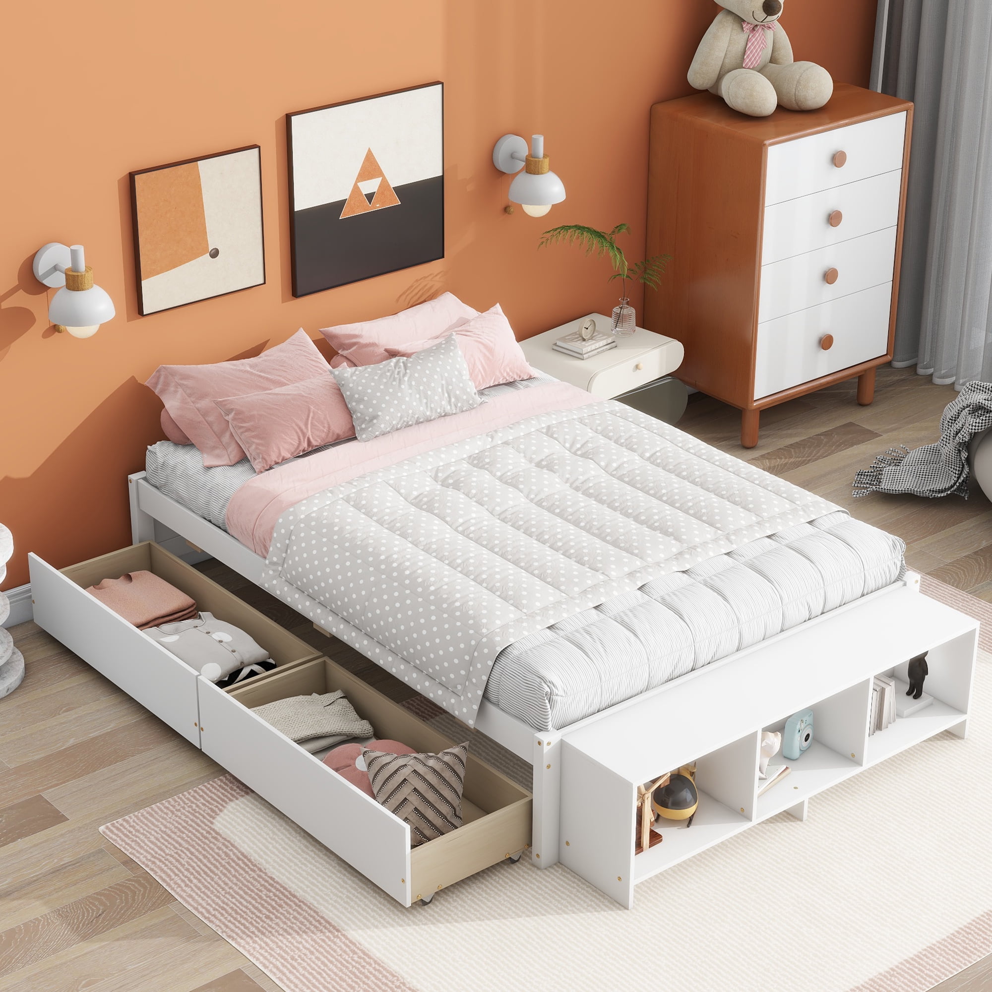 Full Size Platform Bed with Storage Case,Storage Bed Frames with Bed