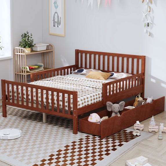 Full Size Platform Bed with Storage Drawers, Solid Wood Bed Frame with Guardrails, Modern Low Profile Bed with Underbed Storage for Small Spaces, Easy Assembly Wooden Bed, White