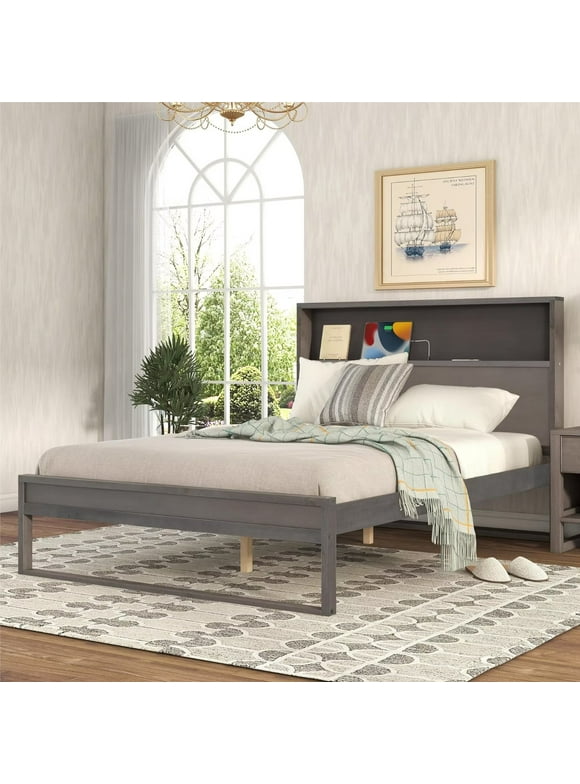 Full Size Platform Bed with Storage Headboard, Wood Storage Bed Frame with Sockets and USB Ports for Kids Adults Bedroom, No Box Spring Required, Gray