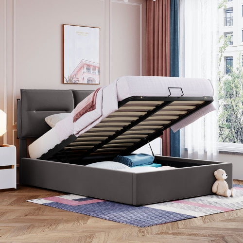 Full Size Platform Bed with Storage Solid Wood Bed Frame with