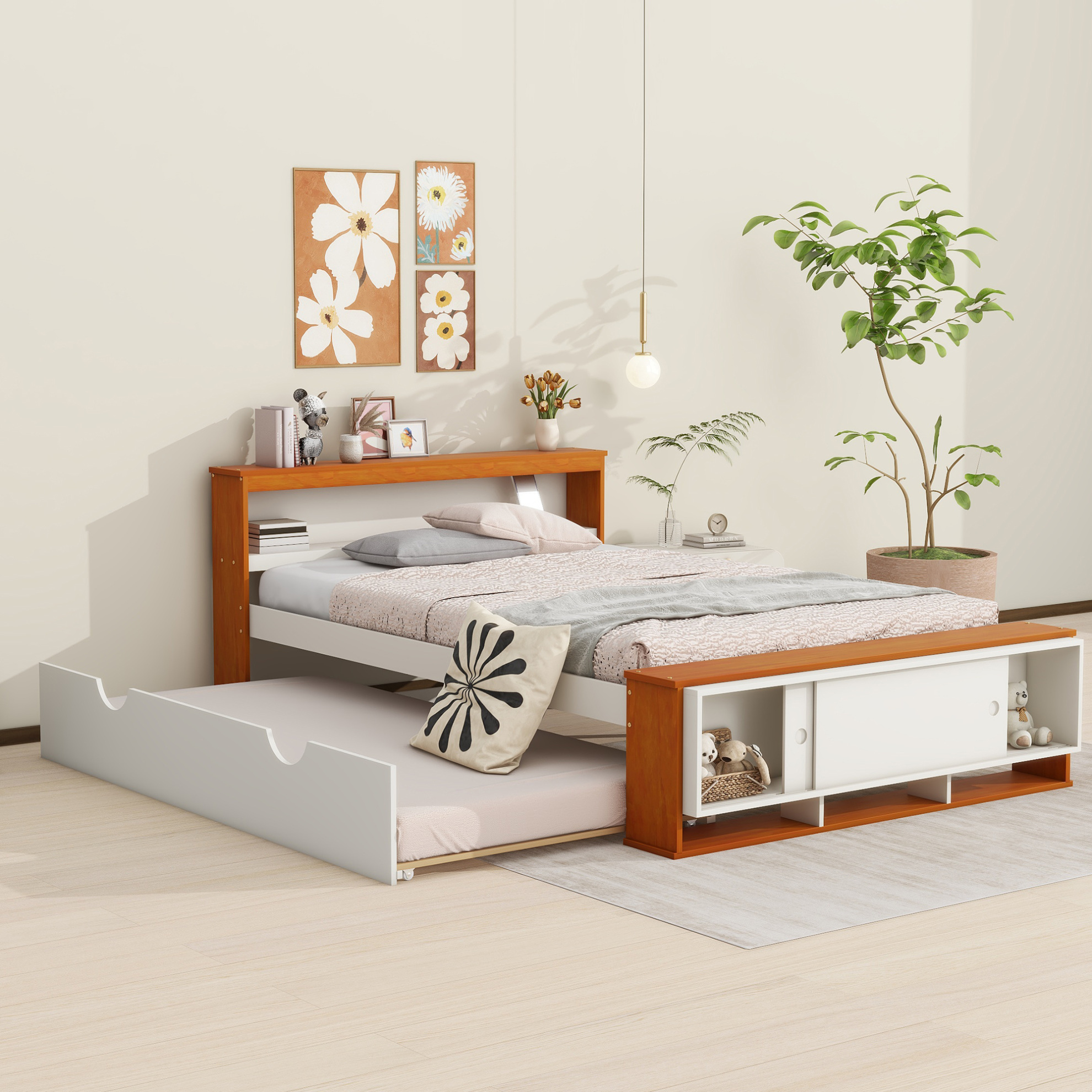 Full Size Platform Bed with Trundle, Wood Trundle Bed Form Full Size