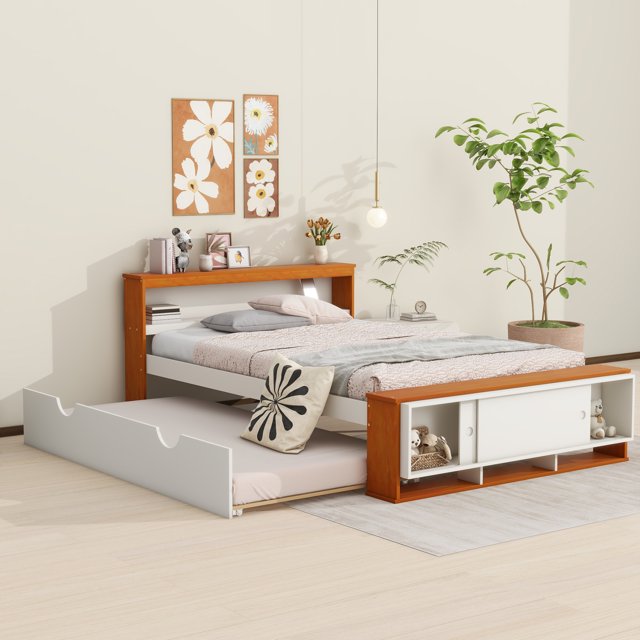 Full Size Platform Bed with Trundle, Wood Trundle Bed Form Full Size