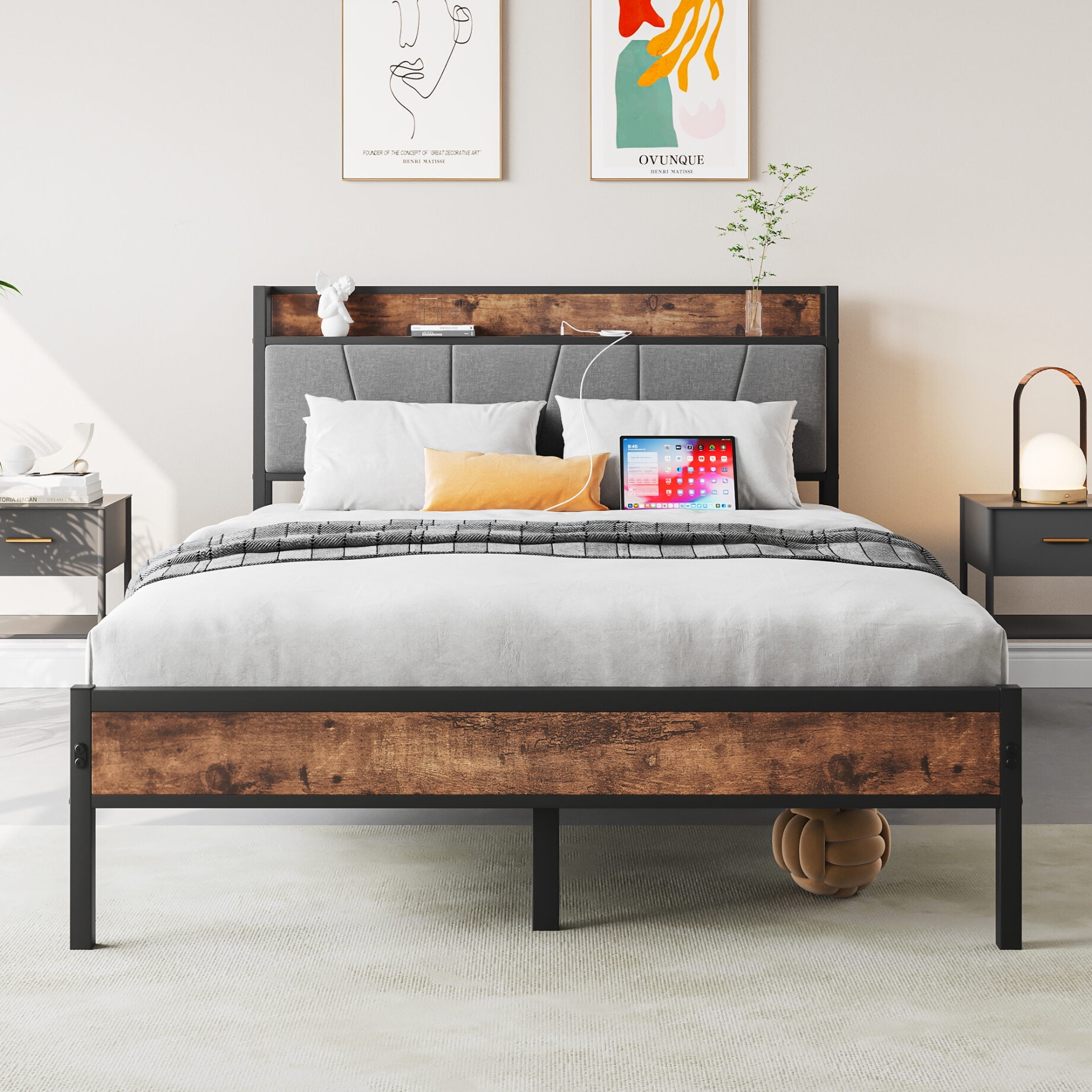 Full Size Black Metal Platform Bed with Gray Upholstered Headboard and Storage
