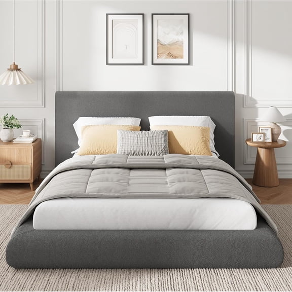 Full Size Platform Bed with Upholstered Headboard, Modern Dark Grey Cloud Style Frame, Soft Plush Fabric, Easy Assembly, No Box Spring Required (No Mattress)