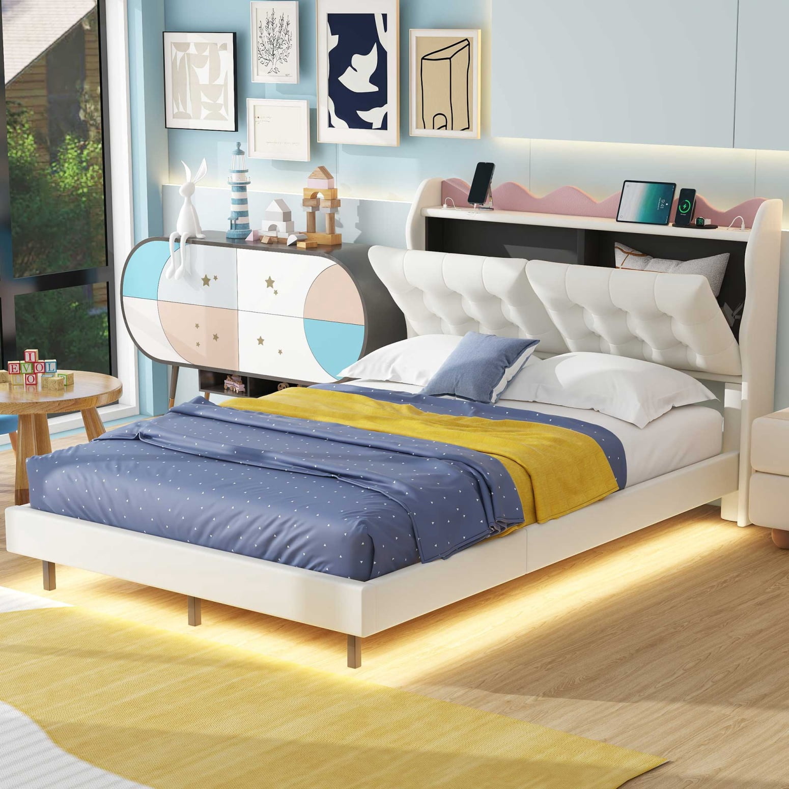 Full Size Platform Bed, Upholstery Frame with LED Light Strips ...