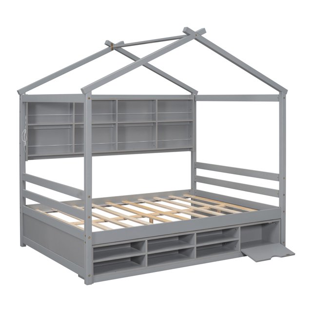Full Size Platform Bed with Wooden House-shaped, Heavy Duty Solid Wood Bed Frame with  Bedside-shelves and Under Bed Storage for Kids, No Box Spring Needed, Grey