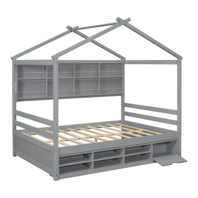 Full Size Platform Bed with Wooden House-shaped, Heavy Duty Solid Wood Bed Frame with Bedside-shelves and Under Bed Storage for Kids, No Box Spring Needed, Grey